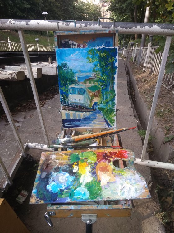 Funicular at the work. Pleinair painting