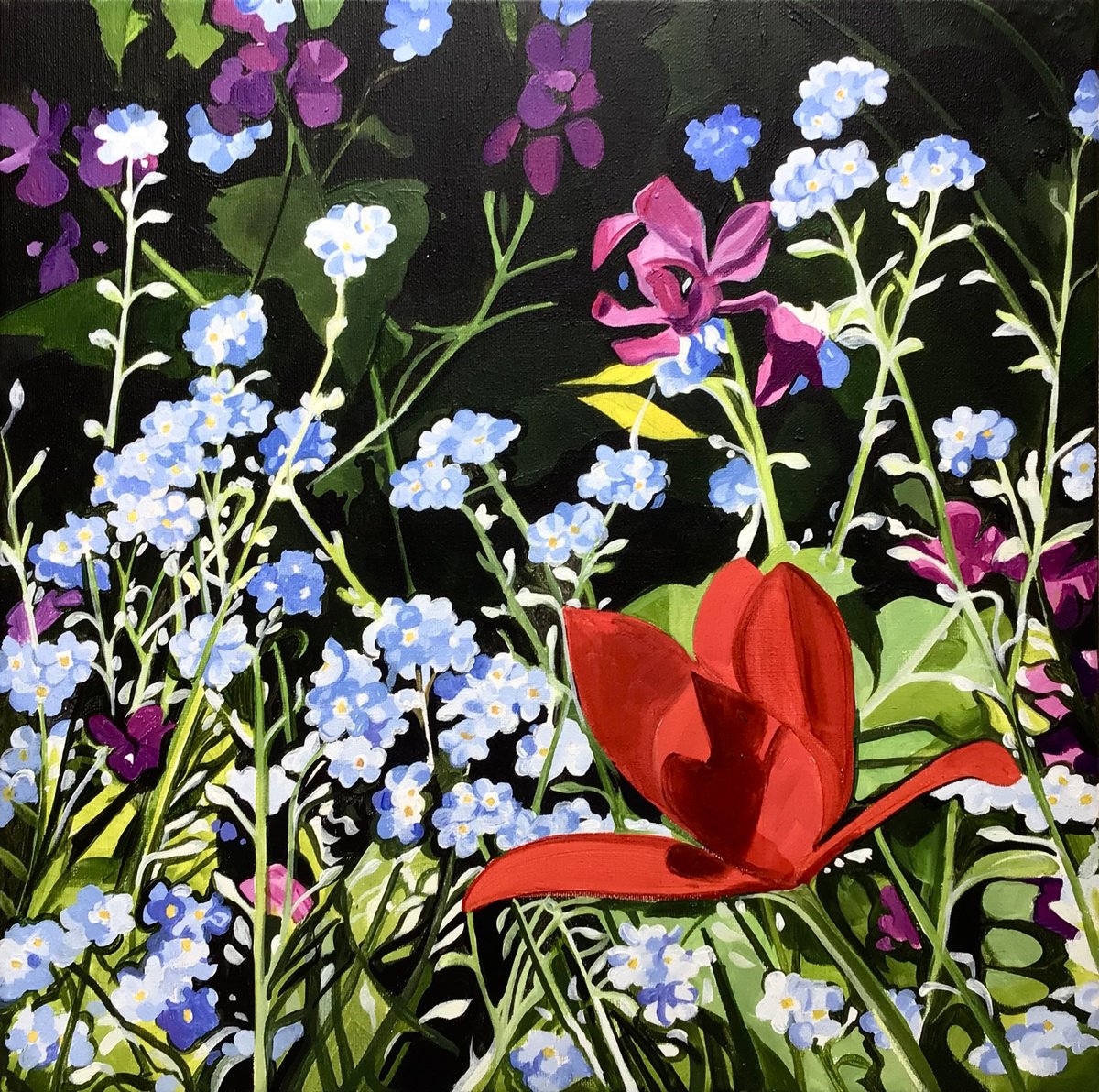 Impressionistic Botanical Acrylic Painting By Joseph Lynch, 20 X 20, Spring Flowers, Original Artwork