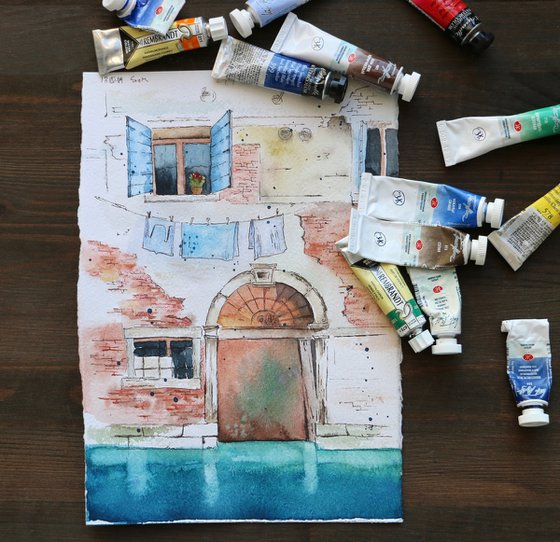 Old house in Venice. Original watercolor artwork.