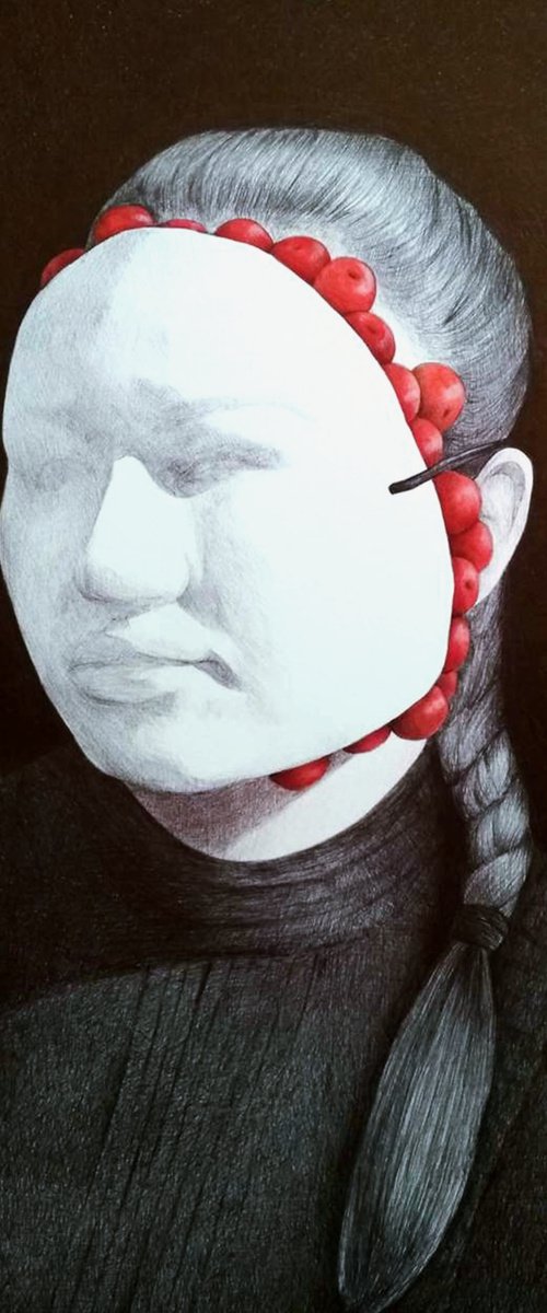 White mask, ballpoint pen portrait by Andromachi Giannopoulou
