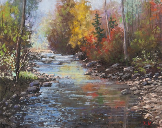 Fall Forest Painting Original Art Autumn Landscape Forest Stream Pastel Drawing