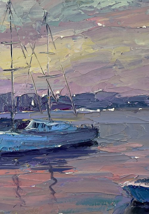 Yacht in the Colors of the Evening Sky by Boris Serdyuk