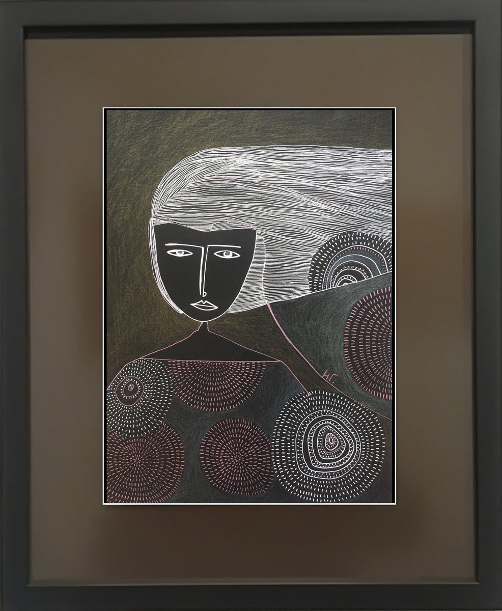 Naive Portrait Drawing By Irina Goleva, 14 X 17, Wind In The Hair, Original Artwork