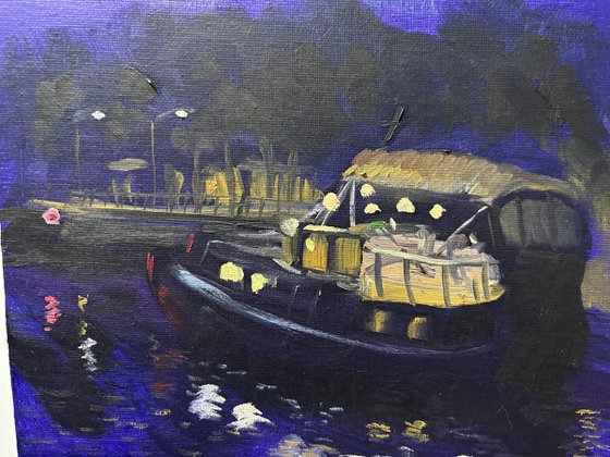 Nighttime Dutch canal boat