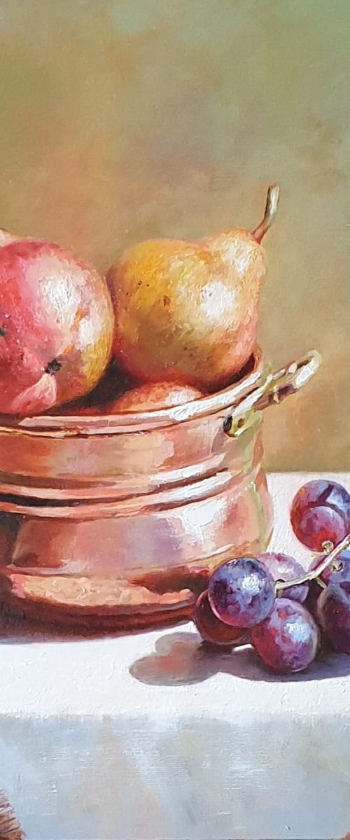 "Still life with grapes and pears in a small old French saucepan." still life grapes pears summer  liGHt original painting  GIFT (2020) by Anna Bessonova (Kotelnik)