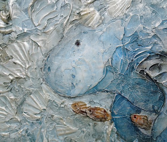 MANATEE AND SEA SHELLS . Abstract Textured 3D Art, Contemporary Painting with Dimensions