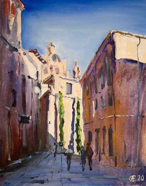 Salamanca. View of Clerecia. Original oil. Medium size original street landscape spain catilla y leon architecture sunlite dramatic old town travel by Sasha Romm
