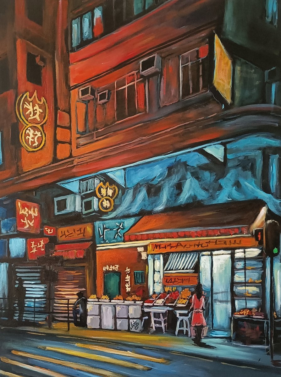 Urban And Pop Cityscapes Acrylic Painting By Tiziano Marasco, 24 X 31", Dundas Street, Hong Kong, Original Artwork
