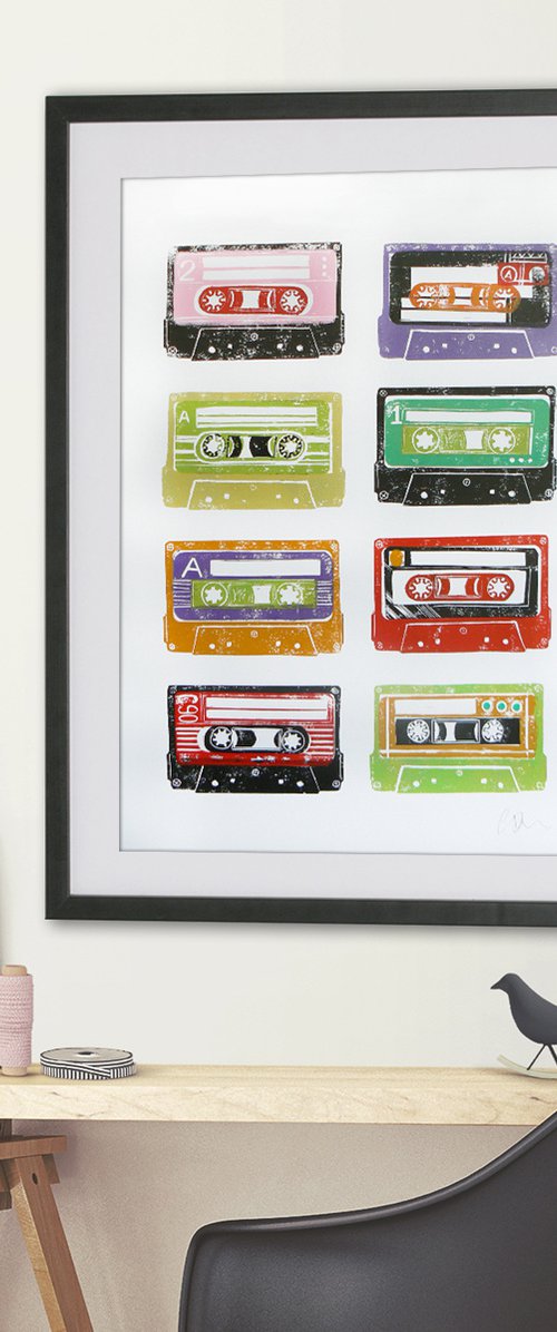 Linocut tapes #6 (cassette tapes, retro music, 70's, 80's rock culture) by Carolynne Coulson