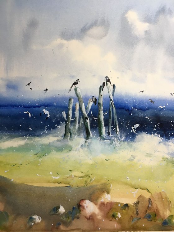 SOLD Watercolor "Seagulls meeting”