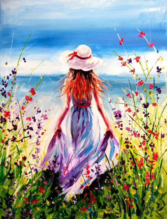 Woman in floral meadow