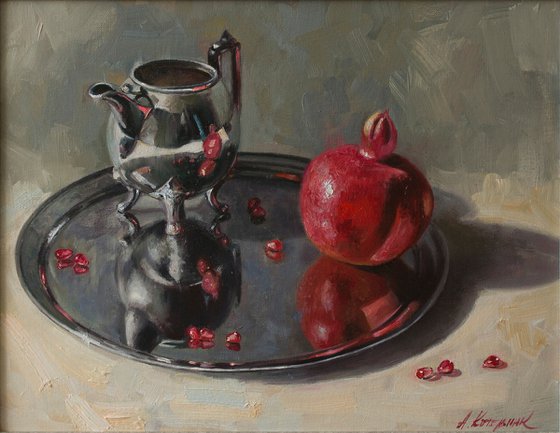 "Reflections" still life pomegranate metal silver white liGHt original painting  GIFT (2019)