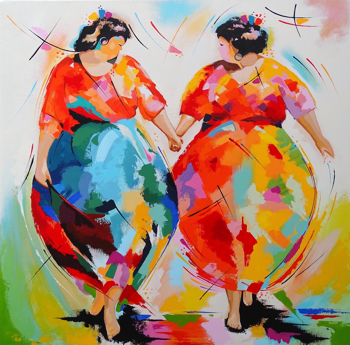 Expressive Portrait Acrylic Painting By Livien Rozen, 28 X 28", Abundance - Hand In Hand, Original Artwork