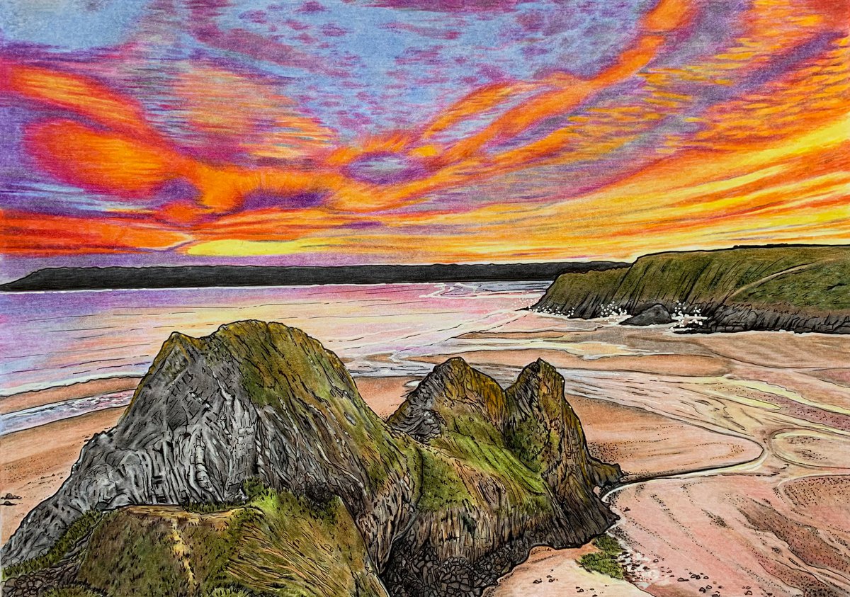 Illustrative Pencil Drawing , Three Cliffs Sunset By Karen Elaine Evans, 17 X 12, Artwork For Sale On Artfinder