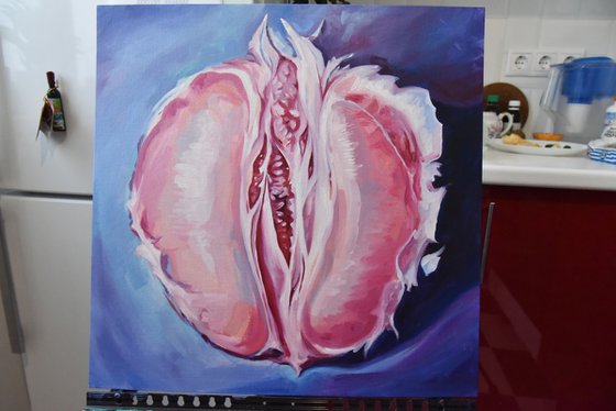 JUST GRAPEFRUIT _ oil on canvas, pink, erotic art, fruit, office decor, pop art, purple blue, nude