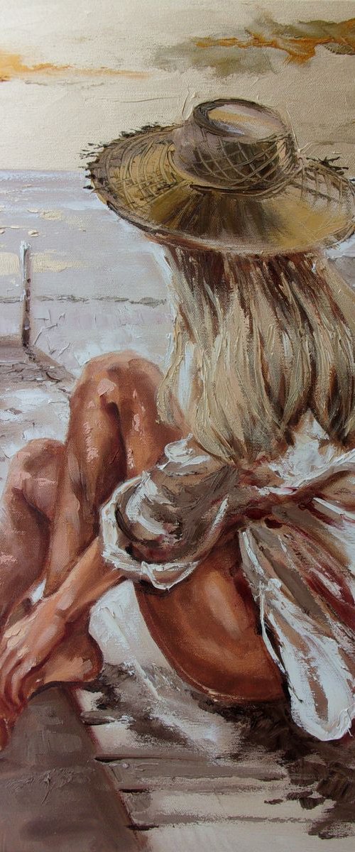 " GOLDEN SKY ... "- SEA SAND liGHt  ORIGINAL OIL PAINTING, GIFT, PALETTE KNIFE by Monika Luniak