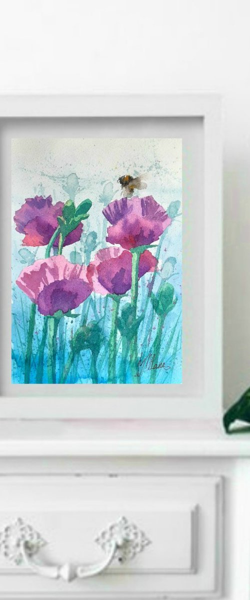 Oriental Poppies and Bee by Lisa Mann