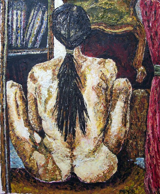 Nude figure from rear, seated on floor.
