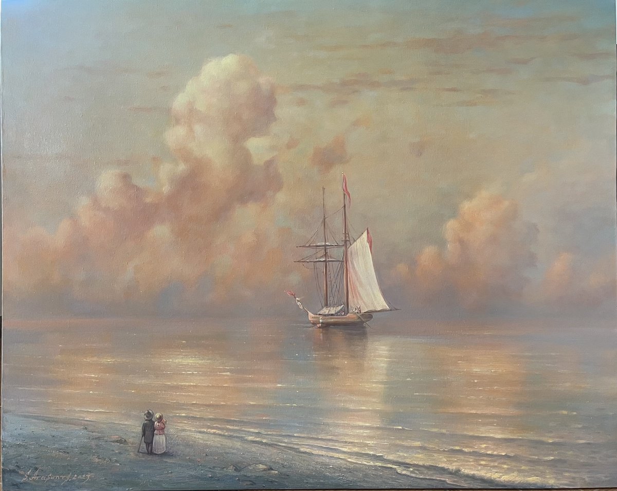 Impressionistic Landscape Oil Painting By Samvel Atasunc, 39 X 31", Waiting For The Ship, Original Artwork