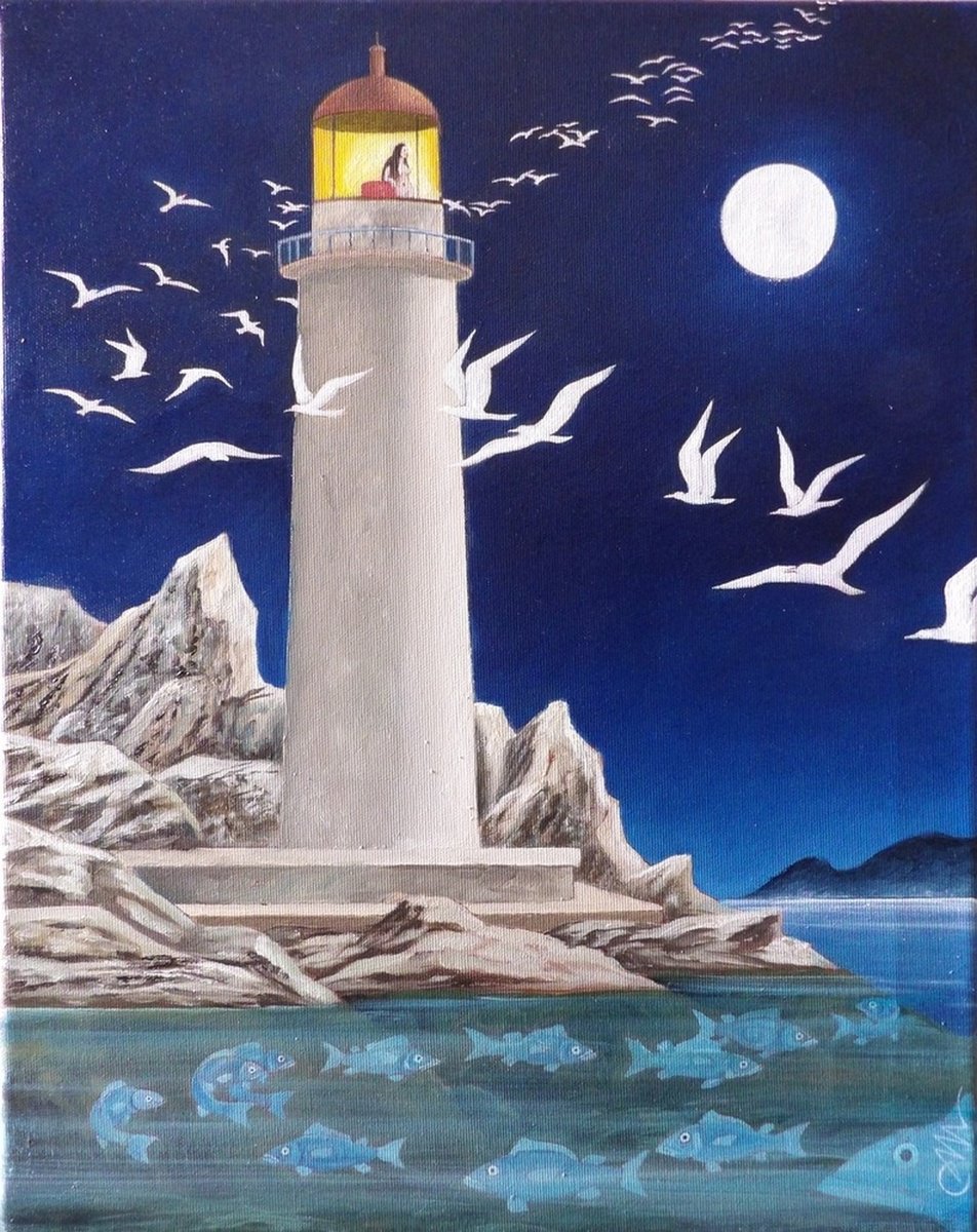 Surrealistic Landscape Oil Painting By Cecco Mariniello, 16 X 20, The Lighthouse, Original Artwork