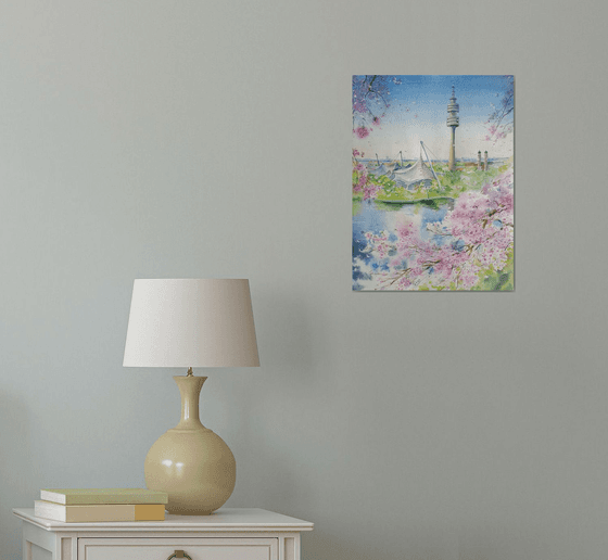 Spring Cherry blossom in Munich cityscape