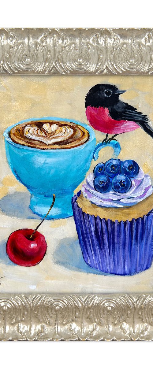 Pink Robin, cappuccino and blueberry cupcake by Irina Redine