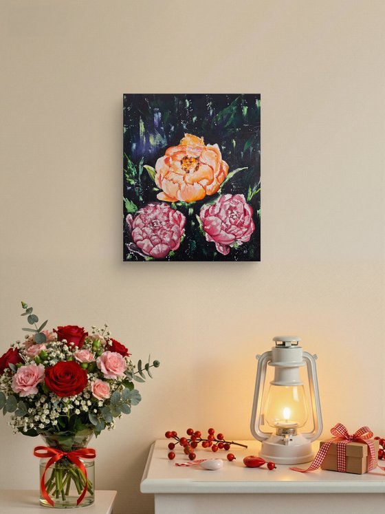 Midnight bloom, floral peonies painting