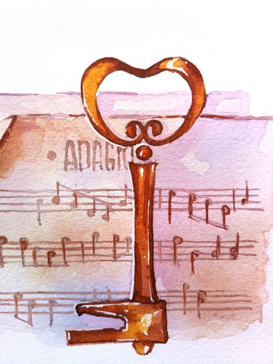 Still life "Music. Old notes and key" original watercolor painting postcard
