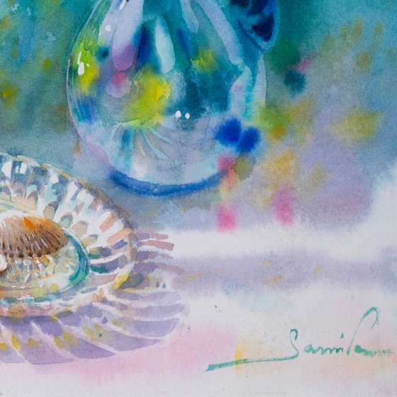 Still life of glass decanter and different glass dishes on a table. Original still Life in watercolor. (2020)