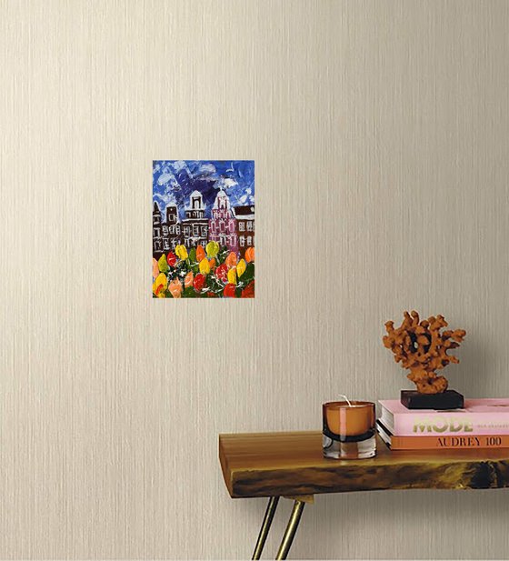 Amsterdam Painting Cityscape Original Art Tulips Impasto Artwork Floral Home Wall Art 6 by 8 by Halyna Kirichenko