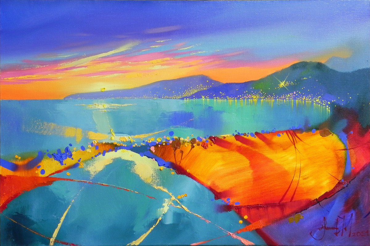 Shining horizon Original painting Oil on canvas Abstract Landscape (2021) by Mikhail Novikov