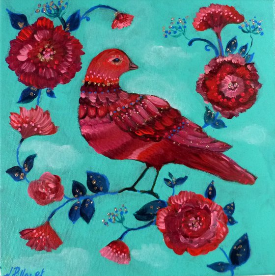 The flowered stopover 20 x 20 cm folk bird.