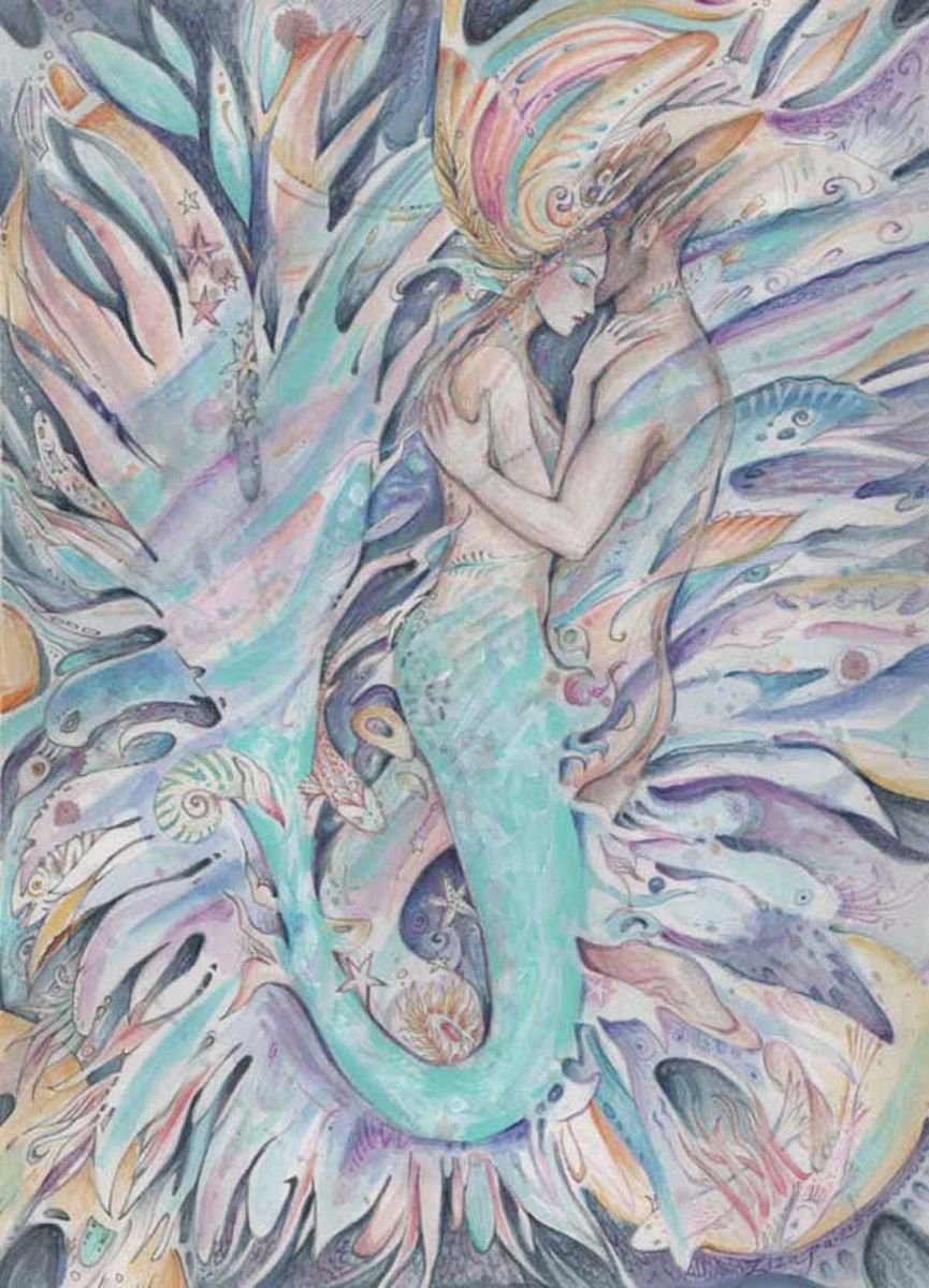 The Mermaids Dream watercolor romantic painting SALE by Liza Paizis