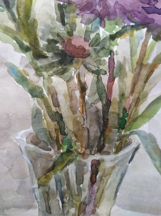 Asters in vase. Original watercolour painting.