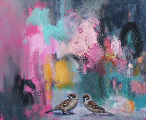 Oil painting Flowers bloomed Pink Sparrows