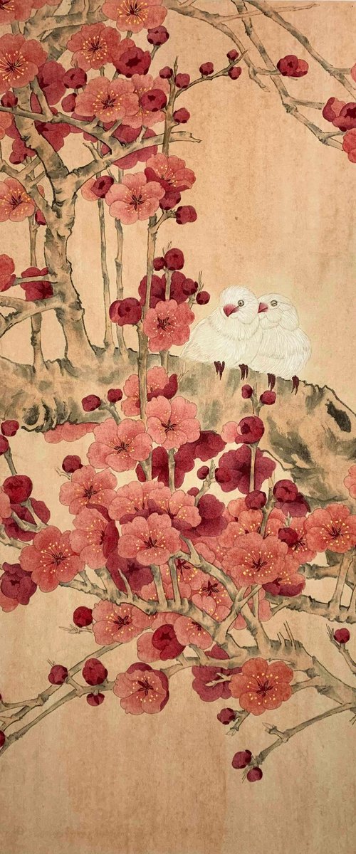 Love in the Red Plum Blossoms, Original Gongbi Brush Painting by Fiona Sheng