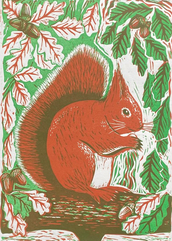 Limited edition handmade linocut. Red Squirrel 4/95