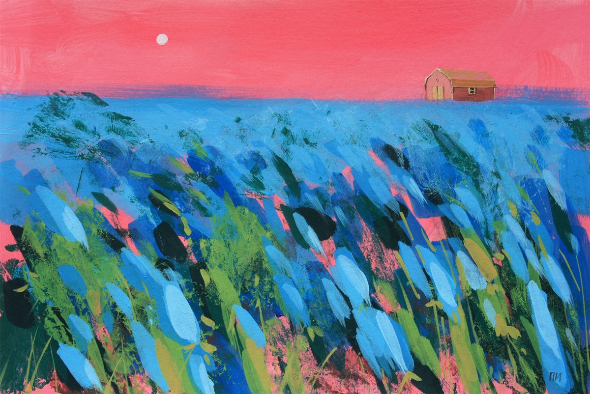 Impressionistic Landscape Acrylic Painting By Irina Plaksina, 13 X 9, Fog And Smell Of Wildflowers, Original Artwork