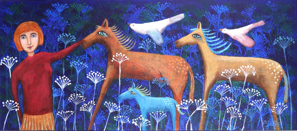 Dreaming - girl with 2 horses and foal by Mariann Johansen-Ellis