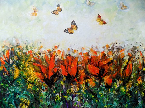 Red flowers and butterflies