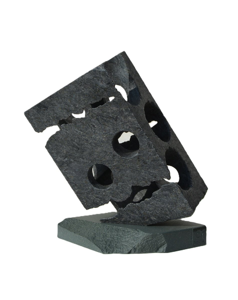 Geometric Abstract Stone Sculpture By Ognyan Chitakov, 11 X 12", "Obsidian Odyssey", Original Artwork