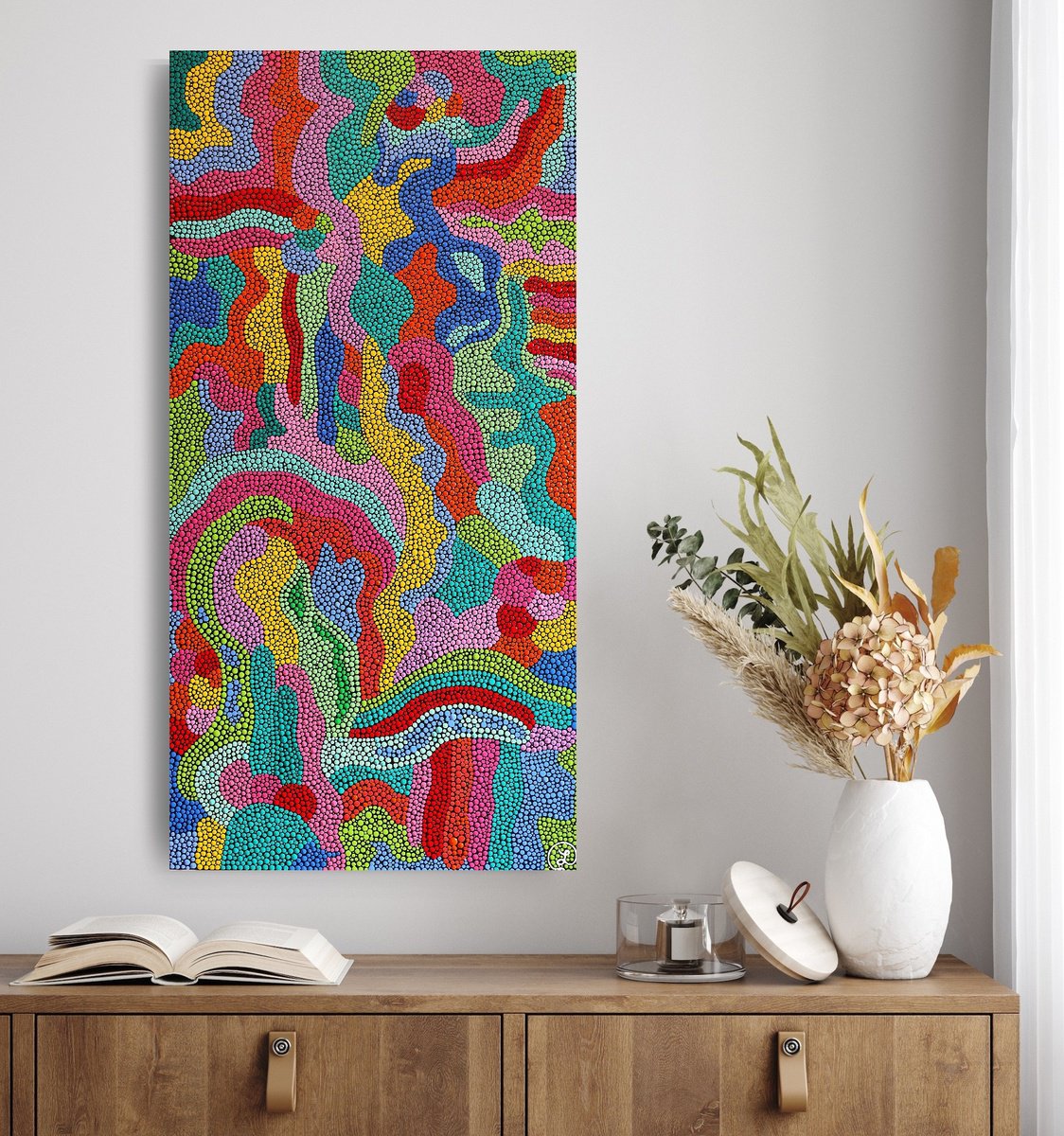 Geometric Landscape Acrylic Painting By Oxana Lazari, 18 X 36", Rainbow Valley, Original Artwork