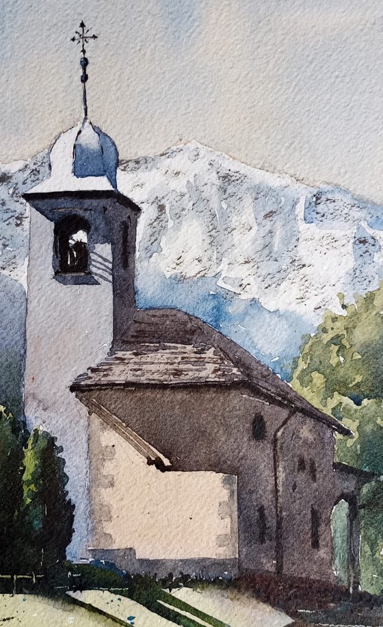 Small church from the 1600s in the Macugnaga valley with Monte Rosa in the background