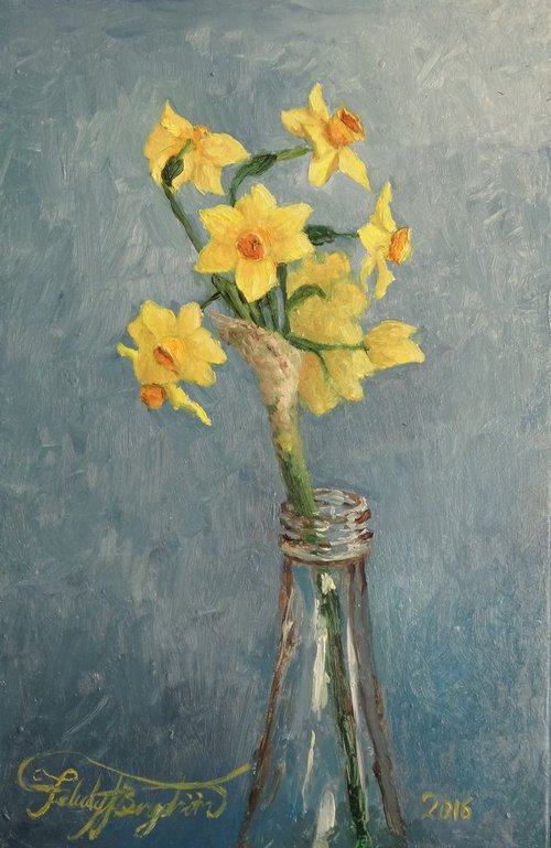 'Daffodils in Blue' (Little Flower Painting #1) by Felicity Bergstrom