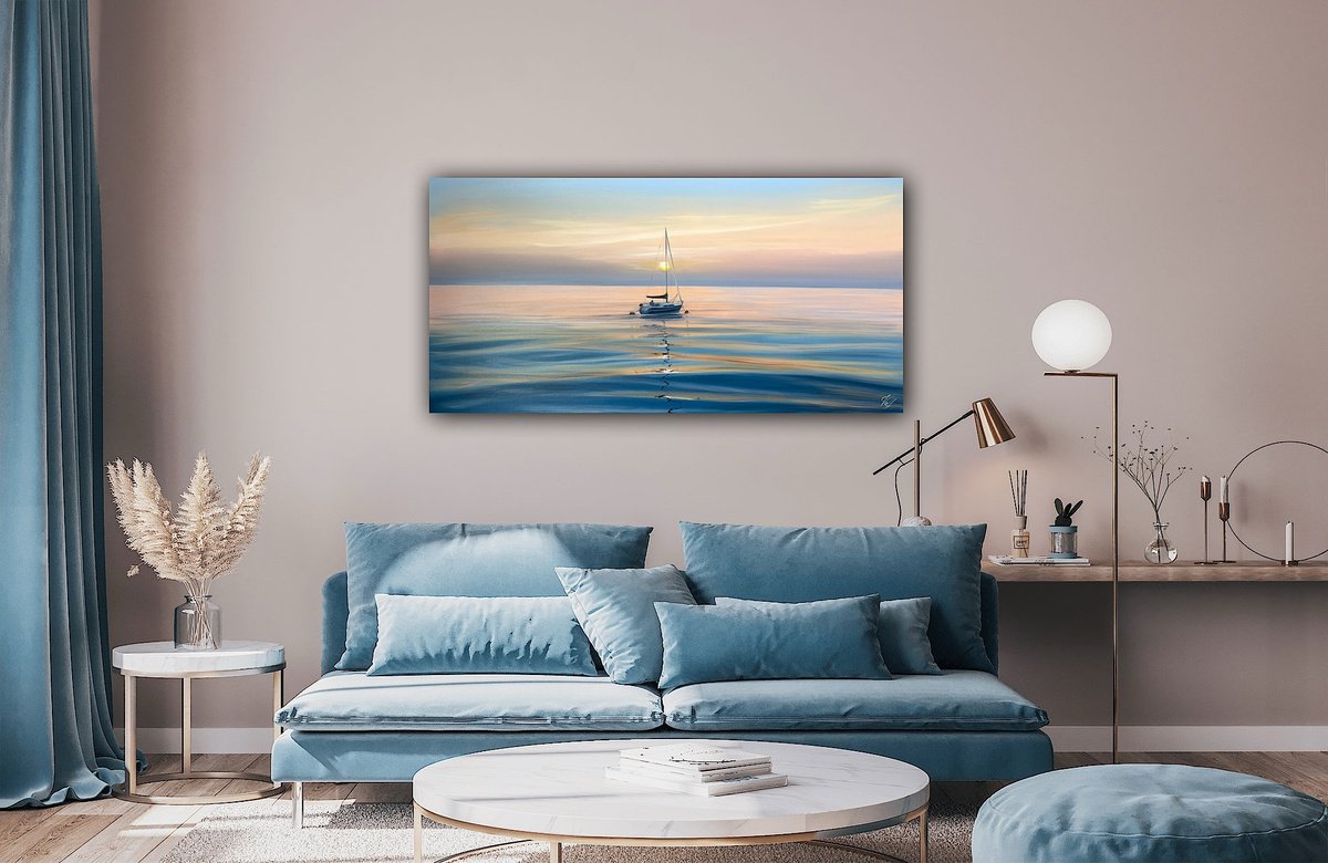 Photorealistic Landscape Oil Painting By Eva Volf, 48 X 24, Dancing On The Water, Original Artwork