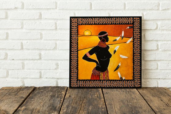 African woman.original Acrylic painting on paper. 45 x 45 c.m framed .Ready to hang