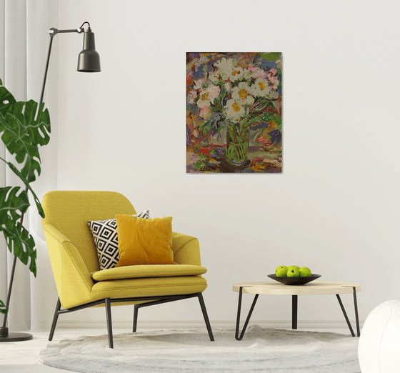 Bouquet - Still Life - Flowers in vase - Medium Size - Oil Painting - Gift Art - Living Room Decor