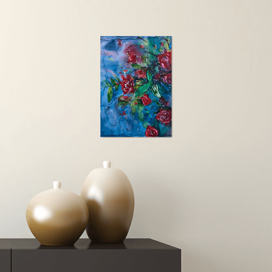 Abstract Flower Watercolor Painting, Roses Original Artwork, Red Floral Wall Art