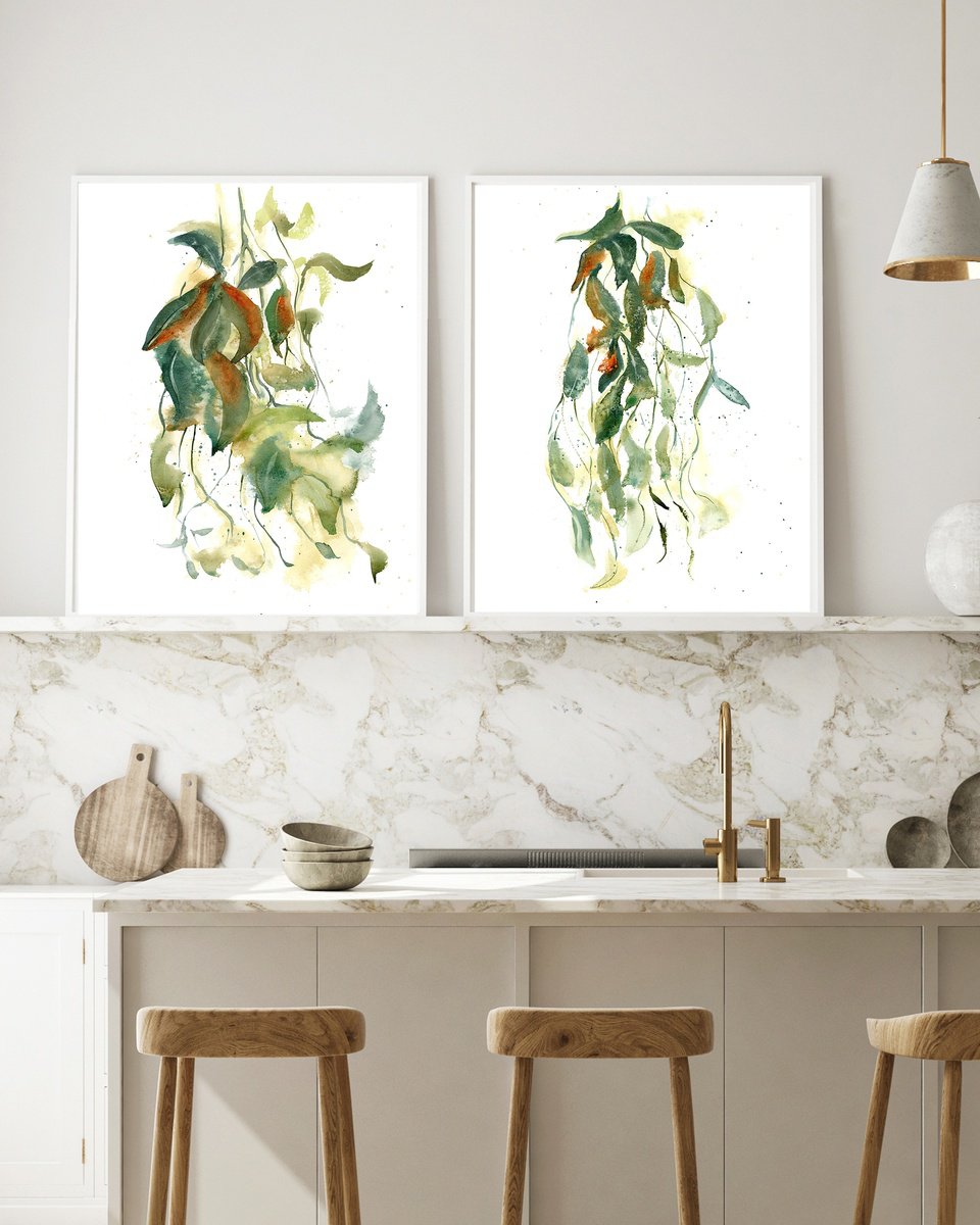 Impressionistic Botanical Watercolour By Olga Tchefranov (Shefranov), 22 X 15", Leaves - Diptych, Original Artwork