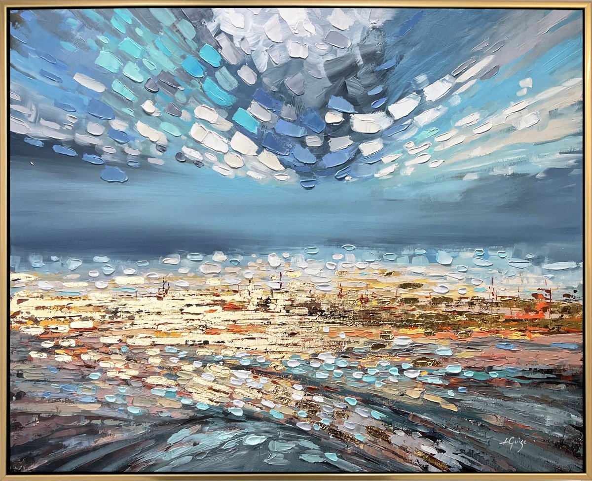 Abstract Landscape Acrylic Painting By Lana Guise, 41 X 33", Golden Tide, Original Artwork